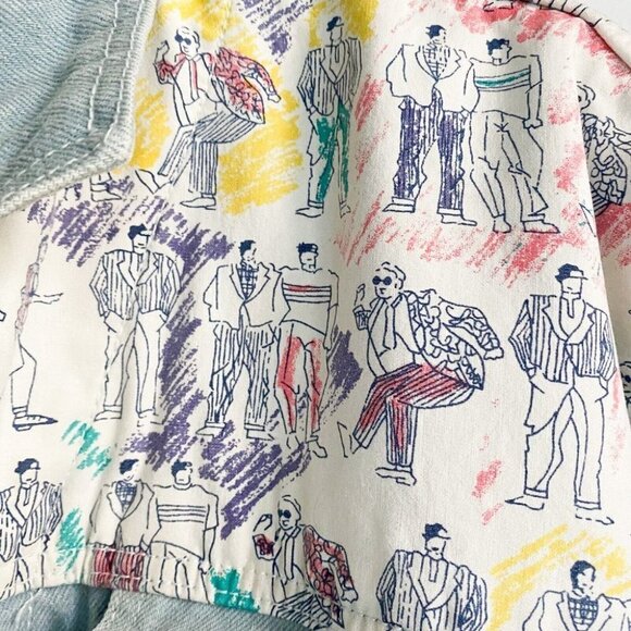 Vintage 80s " The Nylons"  Band Light Wash Denim Patchwork Embroidered Jacket L - Picture 4 of 8